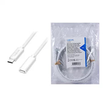 LOGILINK USB 2.0 Type-C verlengkabel – USB-C stekker naar bus, 480 Mbit/s, 100W Power Delivery, wit, 1m