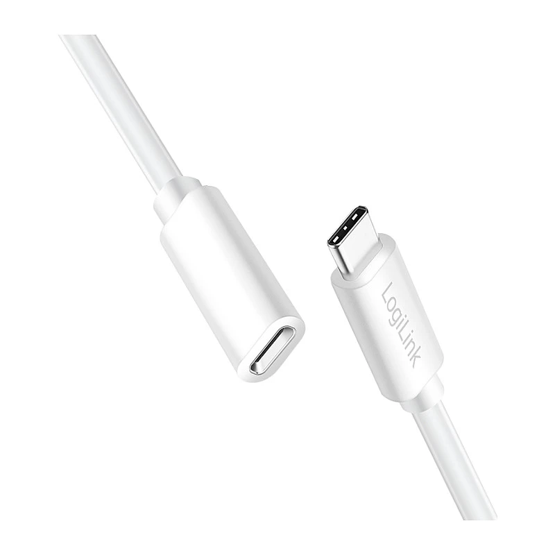 LOGILINK USB 2.0 Type-C verlengkabel – USB-C stekker naar bus, 480 Mbit/s, 100W Power Delivery, wit, 1m