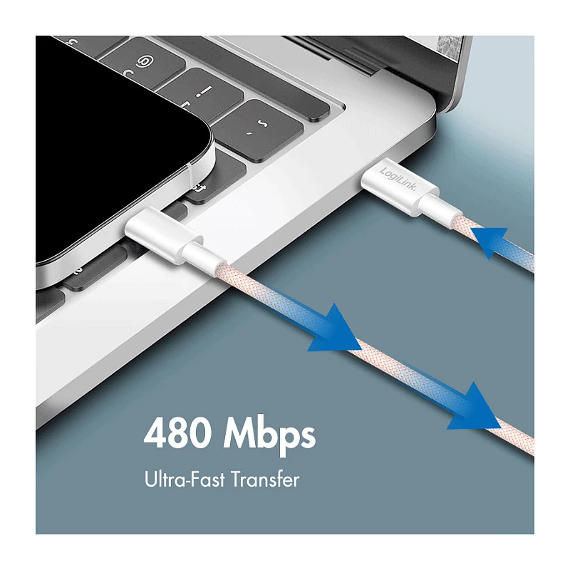 LogiLink USB 2.0 Type-C naar Type-C kabel, 1m, 60W Power Delivery, nylon gevlochten, roze