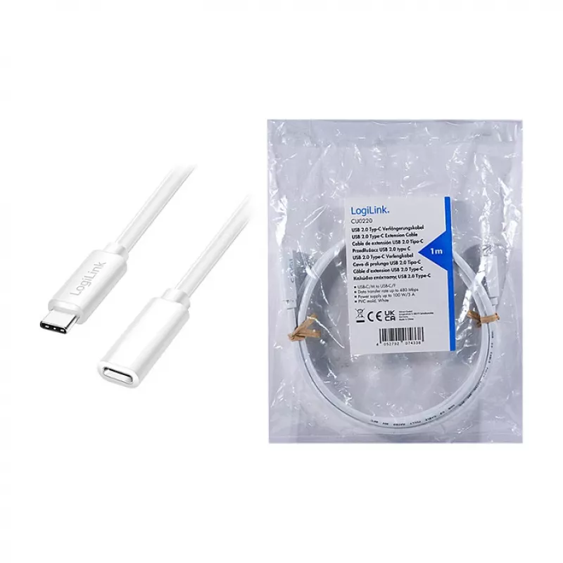 Logilink USB 2.0 USB-C verlengkabel (stekker naar bus) – 100W PD, 480 Mbps, wit, 2m