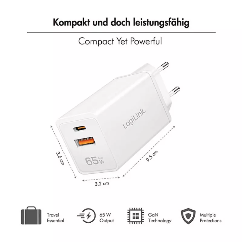 Logilink USB-A/C oplader 65 W GaN, 1x USB-A (QC), 1x USB-C (PD), wit