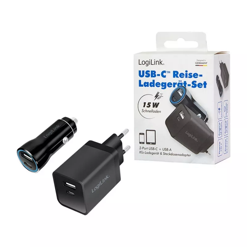 Logilink USB-A/C laadkit, 15 W, elk 1x USB-A, 1x USB-C, zwart
