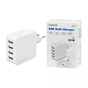 Logilink USB-A oplader, 24 W, 4 poorten, 4x USB-A, wit