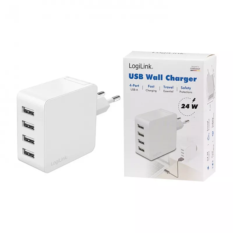 Logilink USB-A oplader, 24 W, 4 poorten, 4x USB-A, wit