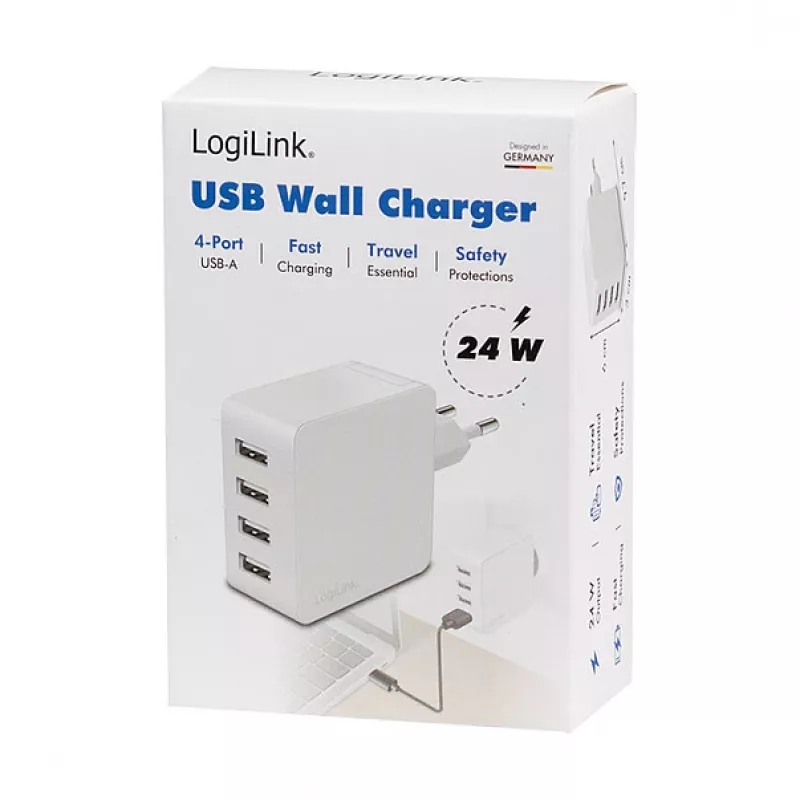 Logilink USB-A oplader, 24 W, 4 poorten, 4x USB-A, wit