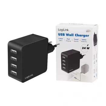 LogiLink USB-A wandoplader, 24W, 4-poorts, 4x USB-A, zwart