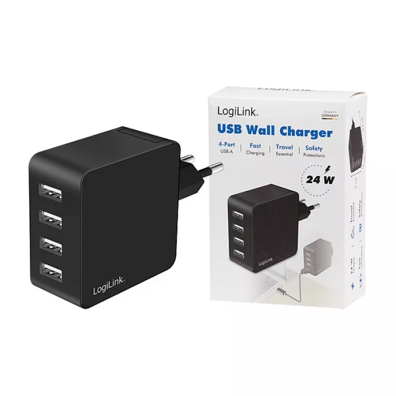 LogiLink USB-A wandoplader, 24W, 4-poorts, 4x USB-A, zwart
