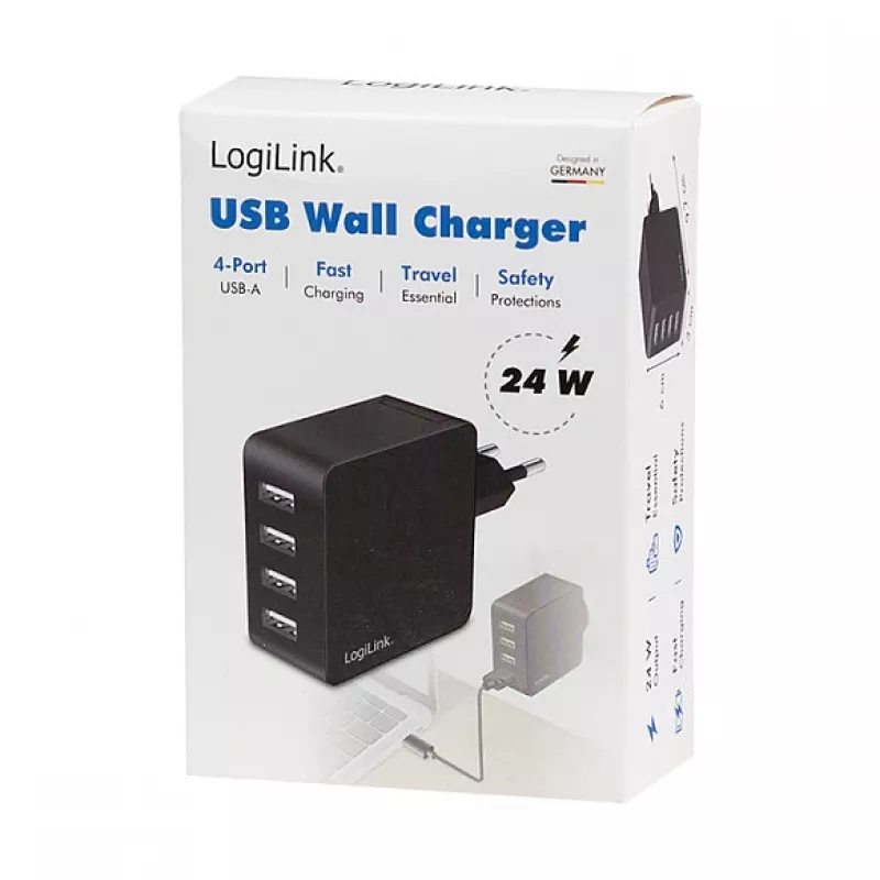 LogiLink USB-A wandoplader, 24W, 4-poorts, 4x USB-A, zwart