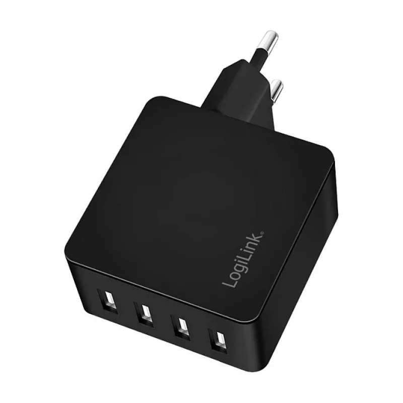 LogiLink USB-A wandoplader, 24W, 4-poorts, 4x USB-A, zwart