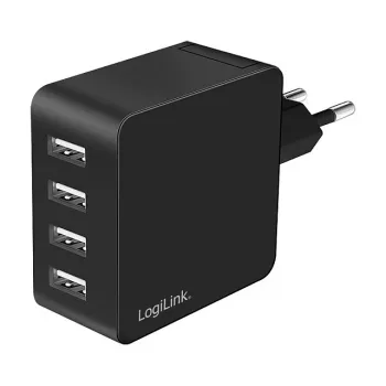 LogiLink USB-A wandoplader, 24W, 4-poorts, 4x USB-A, zwart