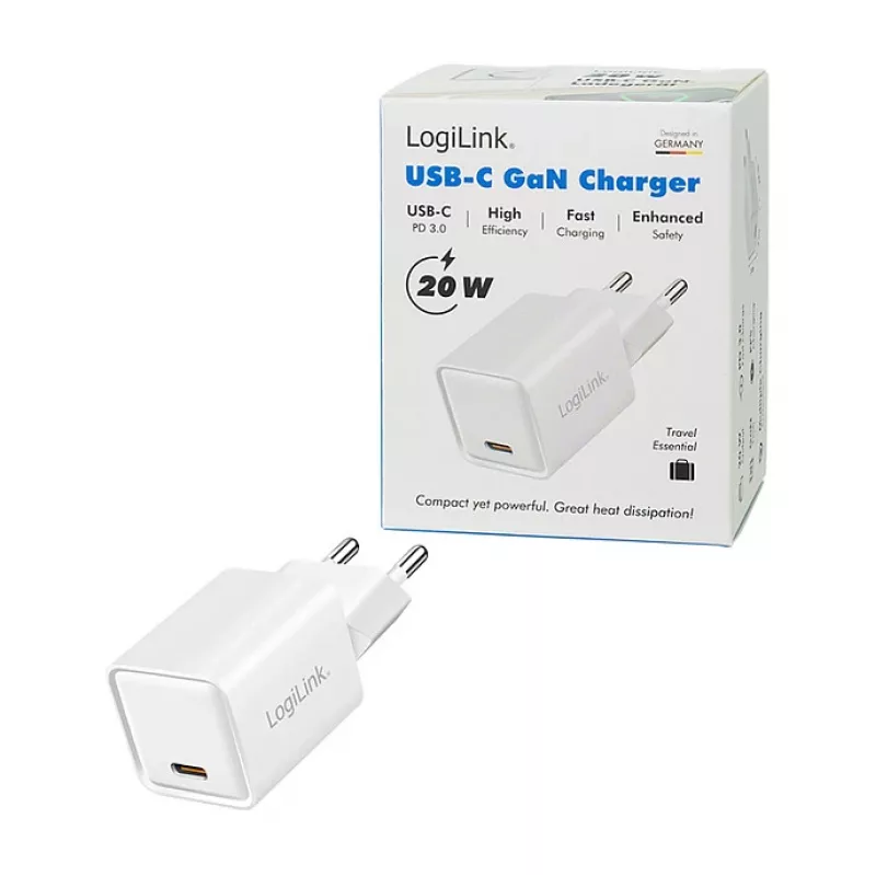 LogiLink USB-C-opladers 20 W GaN, 1 poort, USB Power Delivery, Wit