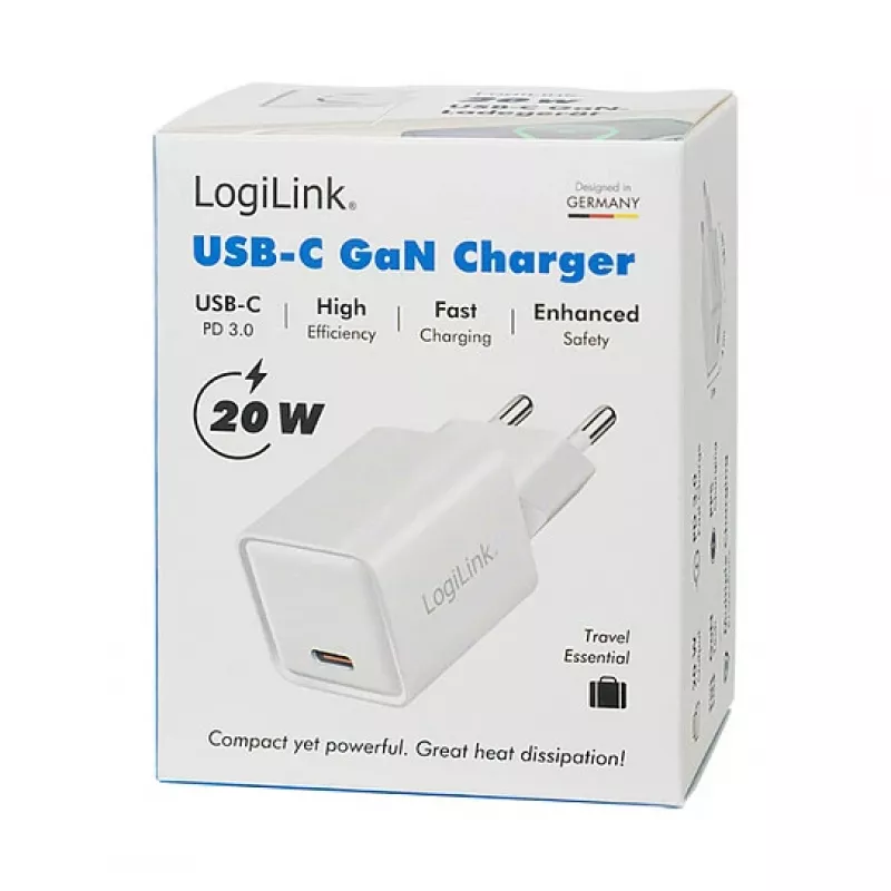 LogiLink USB-C-opladers 20 W GaN, 1 poort, USB Power Delivery, Wit