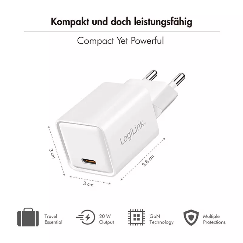 LogiLink USB-C-opladers 20 W GaN, 1 poort, USB Power Delivery, Wit