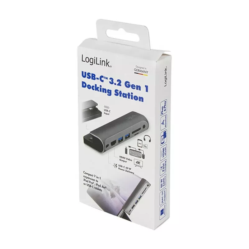 LogiLink UA0385 USB-C dockingstation, 7 poorten, USB 3.2 Gen1, PD, 4K HDMI, SD/microSD, 3,5 mm, voor iPad, aluminium