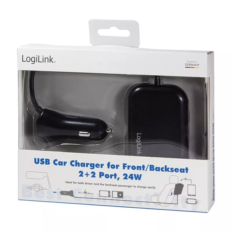 Logilink USB-autolader, 2+2 poorten, 24 W, zwart