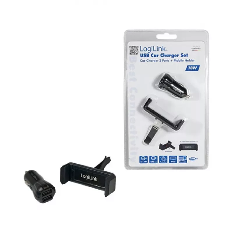 LogiLink USB-autolader-set, 2-poorts lader + houder