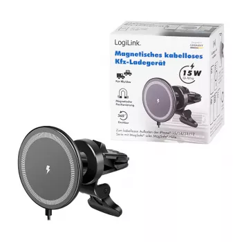 LogiLink draadloze autolader met smartphonehouder 15W, ronde vorm, Qi, automatische klemming, ventilatierooster & zuignap, zwart
