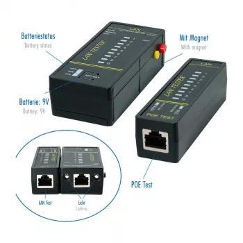LOGILINK WZ0080 LAN-kabeltester & PoE-finder met magneet, zaklamp, achtergrondverlicht lcd, 300 m bereik