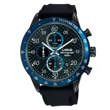Lorus heren quartz analoog horloge RM337EX9 blauwe wijzerplaat bruin leren band 43mm