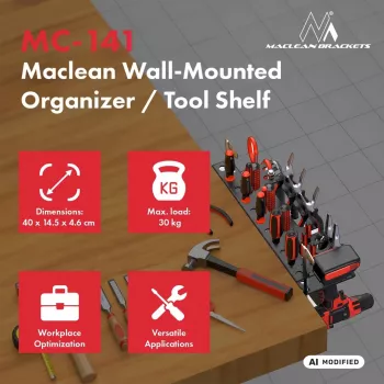 MACLEAN MC-141 wandgemonteerde gereedschaporganizer met 20 bakken en 11 haken, zwart/rood, 800x400x195 mm