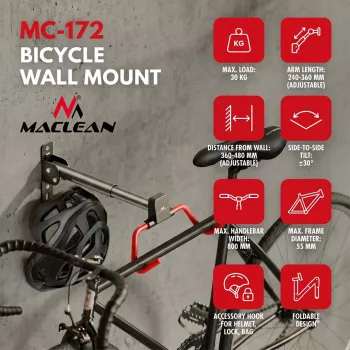 MACLEAN MC-172 horizontale wandbevestiging voor fietsen, staal, 30 kg belasting, verstelbare hoek, opvouwbaar, zwart