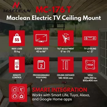 Maclean MC-176 T elektrische plafondsteun voor televisies met Tuya Smart Control, VESA 200x200 tot 800x400, voor 43-86 inch televisies, 55 kg belasting, zwart