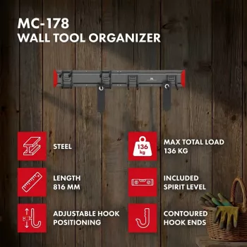 Maclean MC-178 wandgemonteerde stalen gereedschapsorganizer, 136 kg belasting, 816 mm breed, geperforeerd wandpaneel