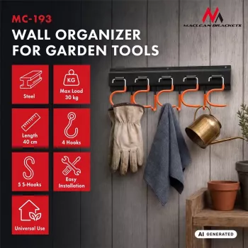 MACLEAN MC-193 wandgemonteerde tuingereedschap organizer met 5 autogreephouders en 6 opvouwbare haken, ABS-kunststof, grijs/zwart