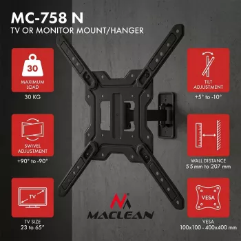 Maclean MC-758 N vaste beugel voor 23-65 inch televisies en monitors, 30 kg, VESA 400x400, zwart