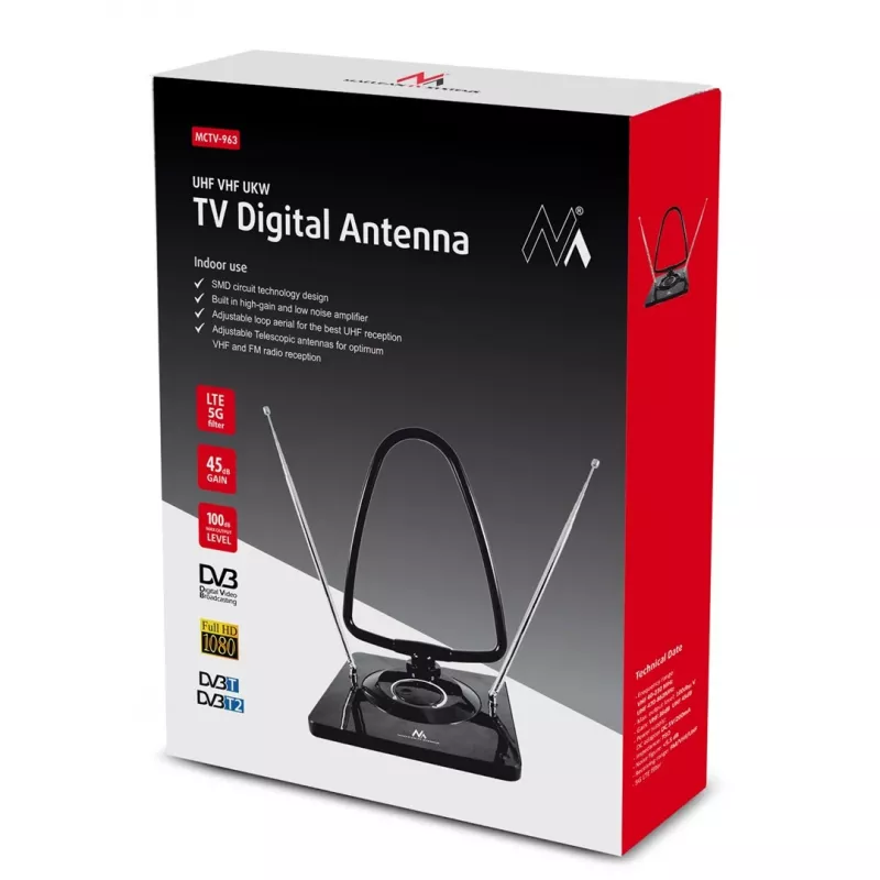 Maclean MCTV-963 High Gain Binnenantenne Low Noise Digitaal Analoog Freeview FM DVB Strong 45dB DVB-T/T2 H.265 HEVC