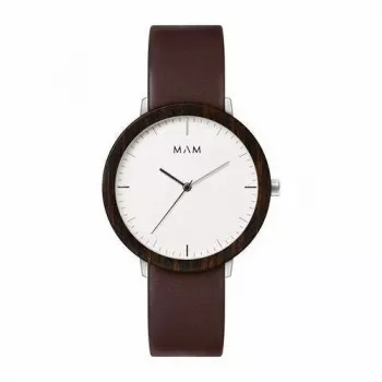 MAM MAM628 unisex horloge 39mm teakhouten kast zwarte leren band