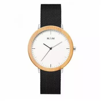 MAM MAM687 unisex 39mm teakhouten horloge met zwart leren band