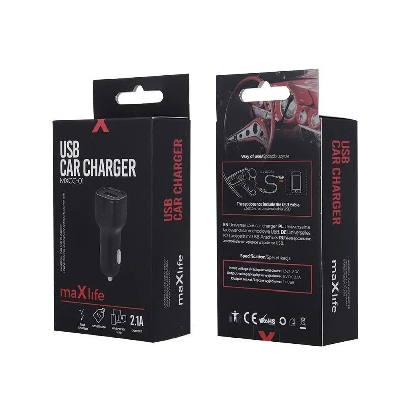MAXLIFE MXCC-01 Fast Charge 2.1A auto-oplader - zwart