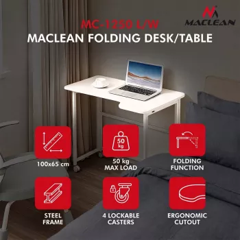 MCN Maclean klaptafel L-vorm wit 100x65 cm mobiel met vergrendelbare wielen MC-1250 L/W