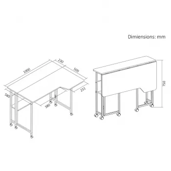 MCN Maclean opvouwbaar bureau/tafel, zwart, mobiel, 100x73 cm, max. 50 kg, verstelbaar, L-vormig, MC-126 L/B