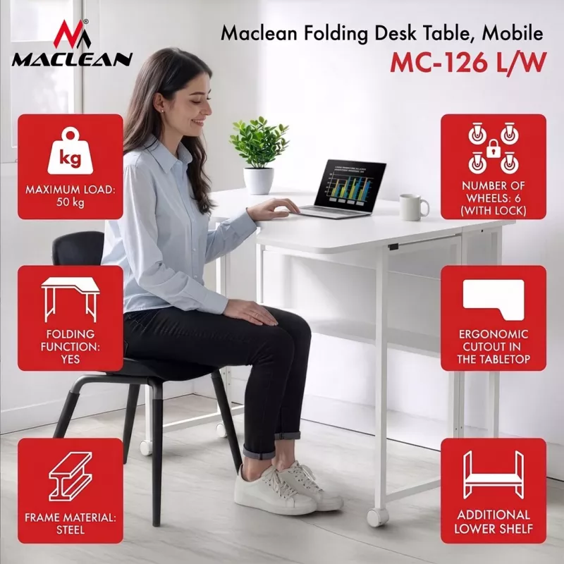 MCN Maclean MC-126 L/W Opvouwbaar L-vormig Bureau, Wit, Mobiel, 100x73 cm, 50 kg Belasting