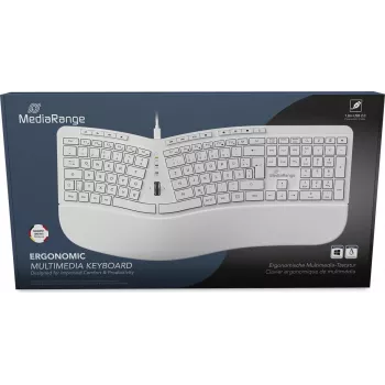 MediaRange MROS272 ergonomisch bedraad toetsenbord, split-design, 124 toetsen, geïntegreerde scrollwiel, wit