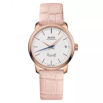 MIDO Baroncelli III Lady Automatic horloge 33mm roségoud PVD RVS zilveren wijzerplaat bruine leren band M027207360100