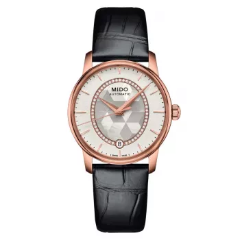 MIDO Baroncelli III Lady automatisch horloge 33mm roségoud PVD witte parelmoeren wijzerplaat met diamantindexen witte leren band