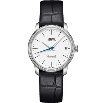 MIDO Baroncelli Lady automatisch horloge 33mm RVS witte wijzerplaat zwarte leren band M027207160100