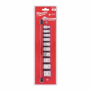Milwaukee 10-delige 3/8 inch dopsleutelset in inchmaten met FOUR FLAT™ anti-roll-design
