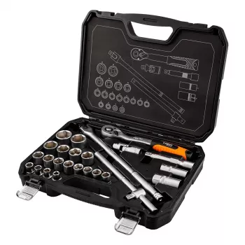 NEO TOOLS dopsleutelset 1/2 inch aandrijving, 25-delig, satijngeborsteld chroom-vanadium