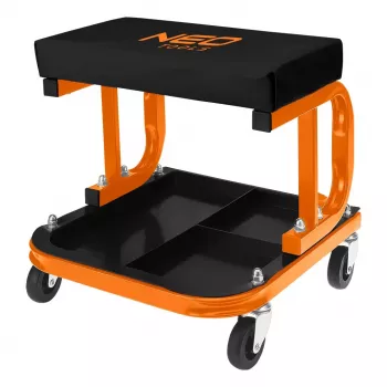 NEO TOOLS 11-604 rolbare werkplaatskruk met gereedschapsvak, pneumatische hoogteverstelling 380-500 mm, 135 kg belasting, 5 zwenkwielen, oliebestendige vinylzitting