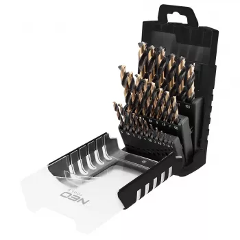 NEO TOOLS 25-delige HSS-CNC metaalborenset, 124° puntenslijping, Pro-Tec, 1,0–13,0 mm