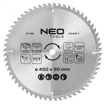 NEO TOOLS 450 mm TCT cirkelzaagblad, 60 tanden, 30 mm boring, voor hout