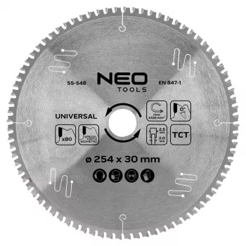 NEO TOOLS 55-548 cirkelzaagblad met hardmetalen tanden, 254 mm x 30 mm, 80 tanden, universeel