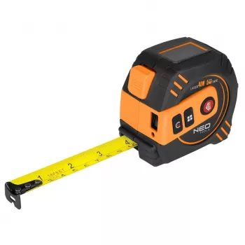 NEO TOOLS 67-100 laserafstandsmeter met 5 m meetlint, 40 m bereik, IP54, achtergrondverlicht lcd, laserklasse 2, 2 x AAA