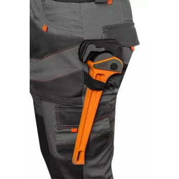 NEO TOOLS 81-325-S beschermingsbroek, maat S, grijs met oranje accenten, 65% polyester 35% katoen, 245 g/m², 9 zakken, kniebeschermingsvakken, EN ISO 13688:2013