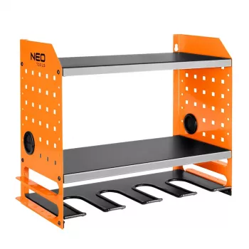 NEO TOOLS 84-199 wandgemonteerde gereedschaporganizer voor accuboormachines en accessoires, zwart met rode accenten