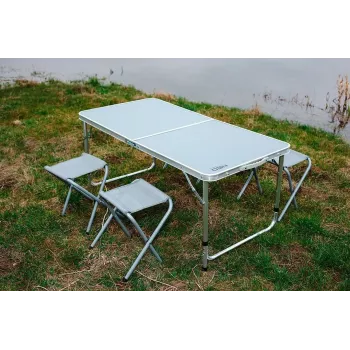 NEO TOOLS kampeerset: tafel & 4 stoelen, opvouwbaar in koffer